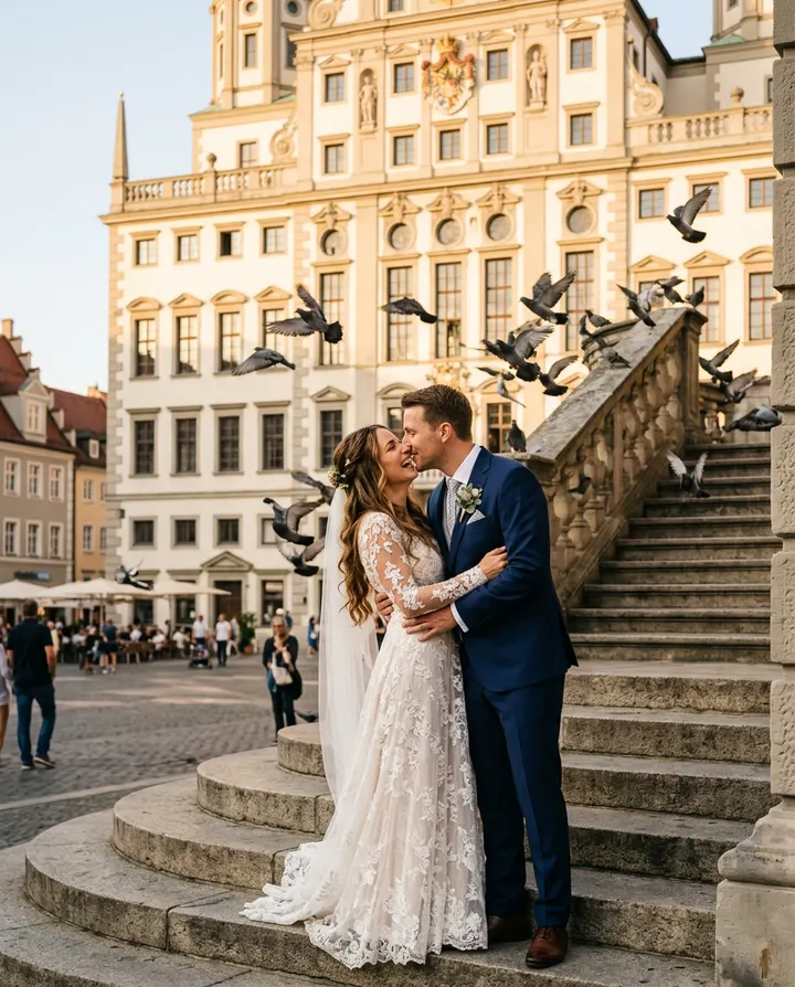Les mariés s'embrassent devant l'hôtel de ville d'Augsbourg, vraie photo